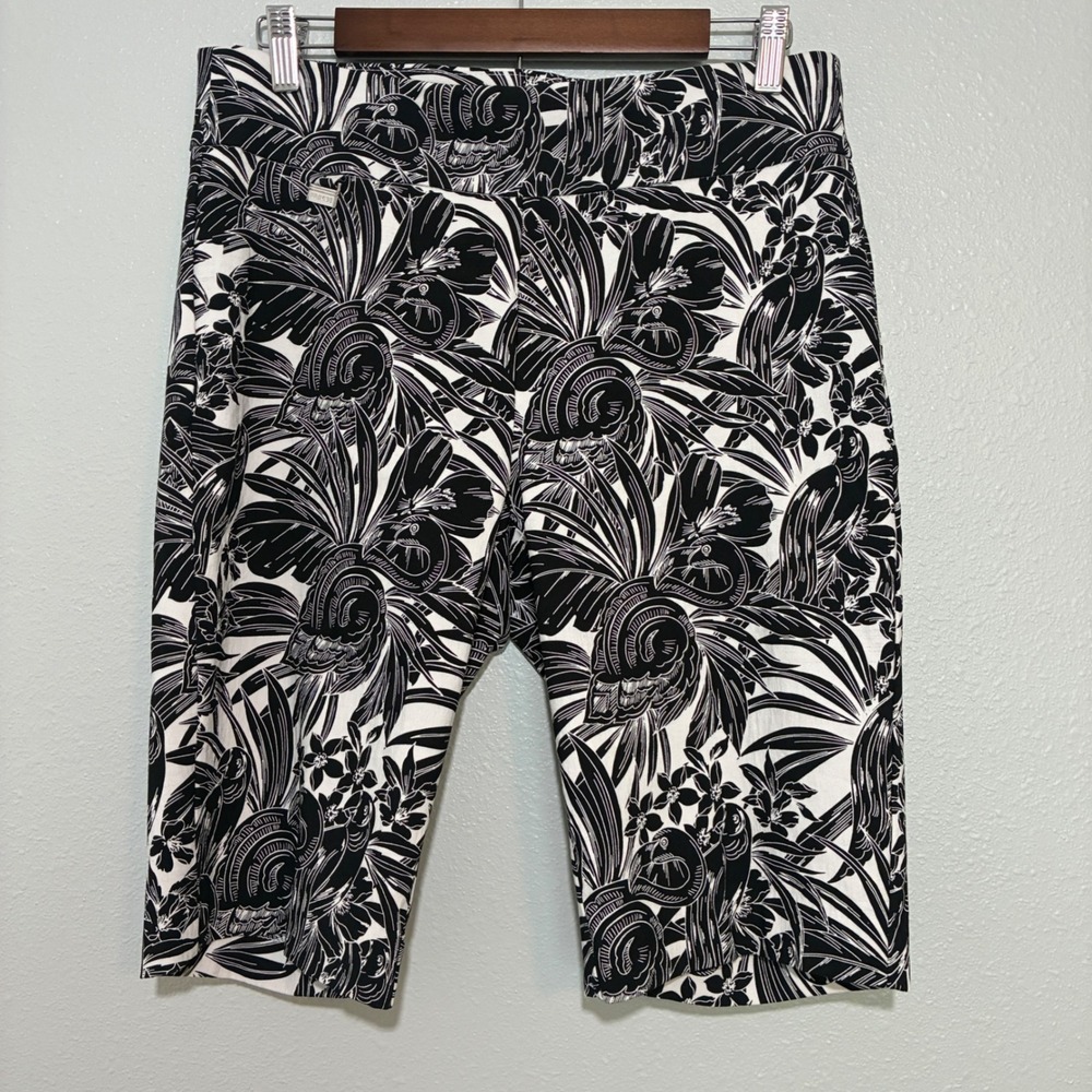 Premise Womens Black White Tropical Floral Bird Print Bermuda Shorts Size Medium